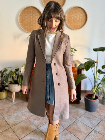 1970's vintage brown wool coat with black piping detail and paisley satin lining