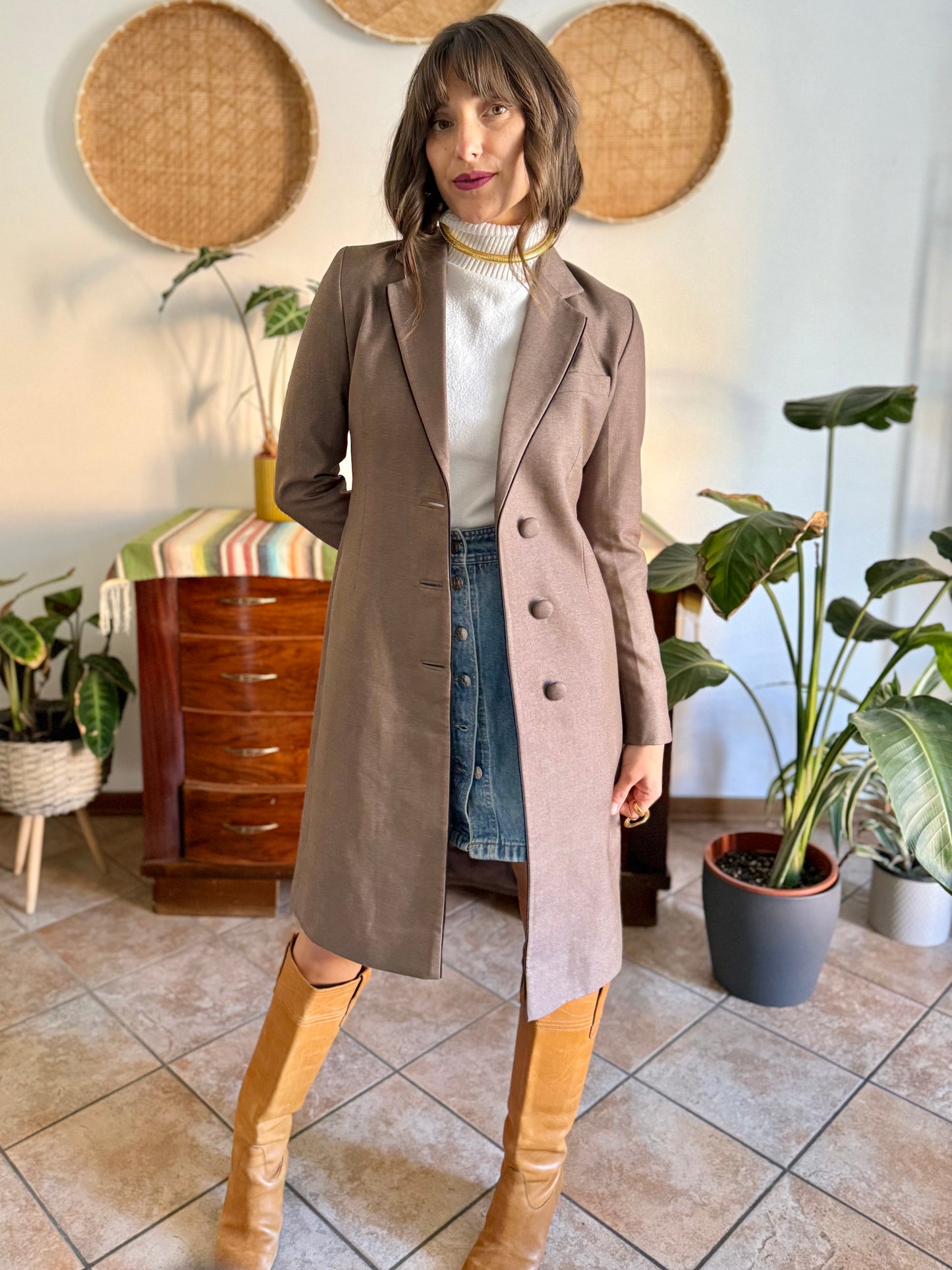 1970's vintage brown wool coat with black piping detail and paisley satin lining
