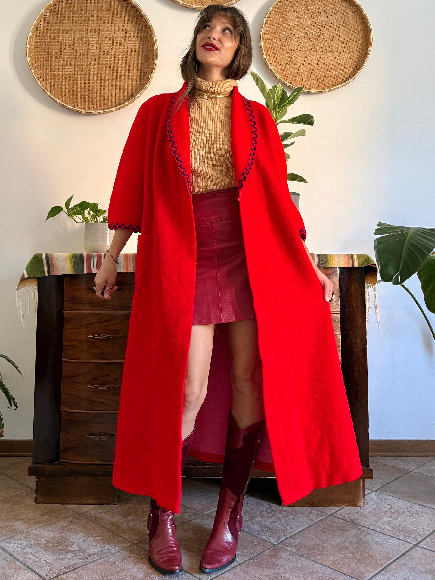 1960's vintage cherry red fleece house coat with navy scallop trimming