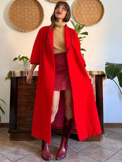 1960's vintage cherry red fleece house coat with navy scallop trimming