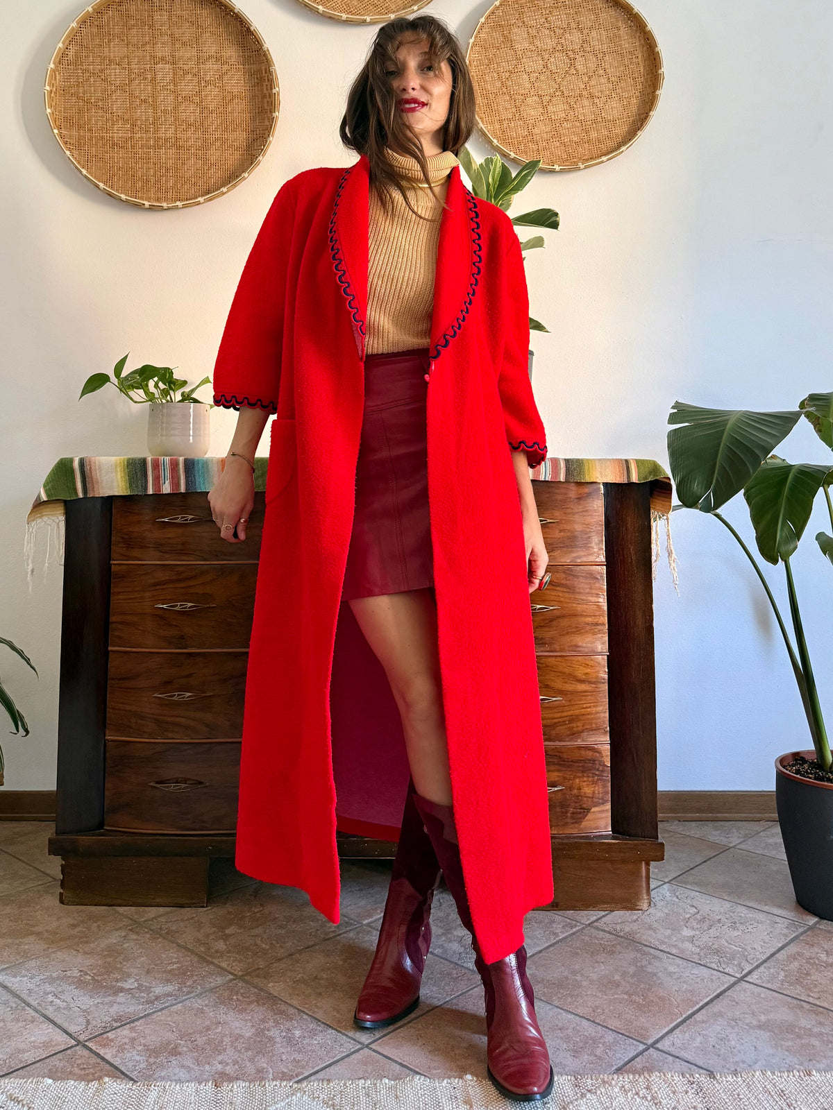 1960's vintage cherry red fleece house coat with navy scallop trimming