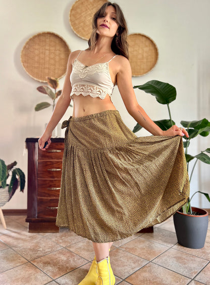 1970's vintage pale yellow and chocolate brown floral low rise midi skirt