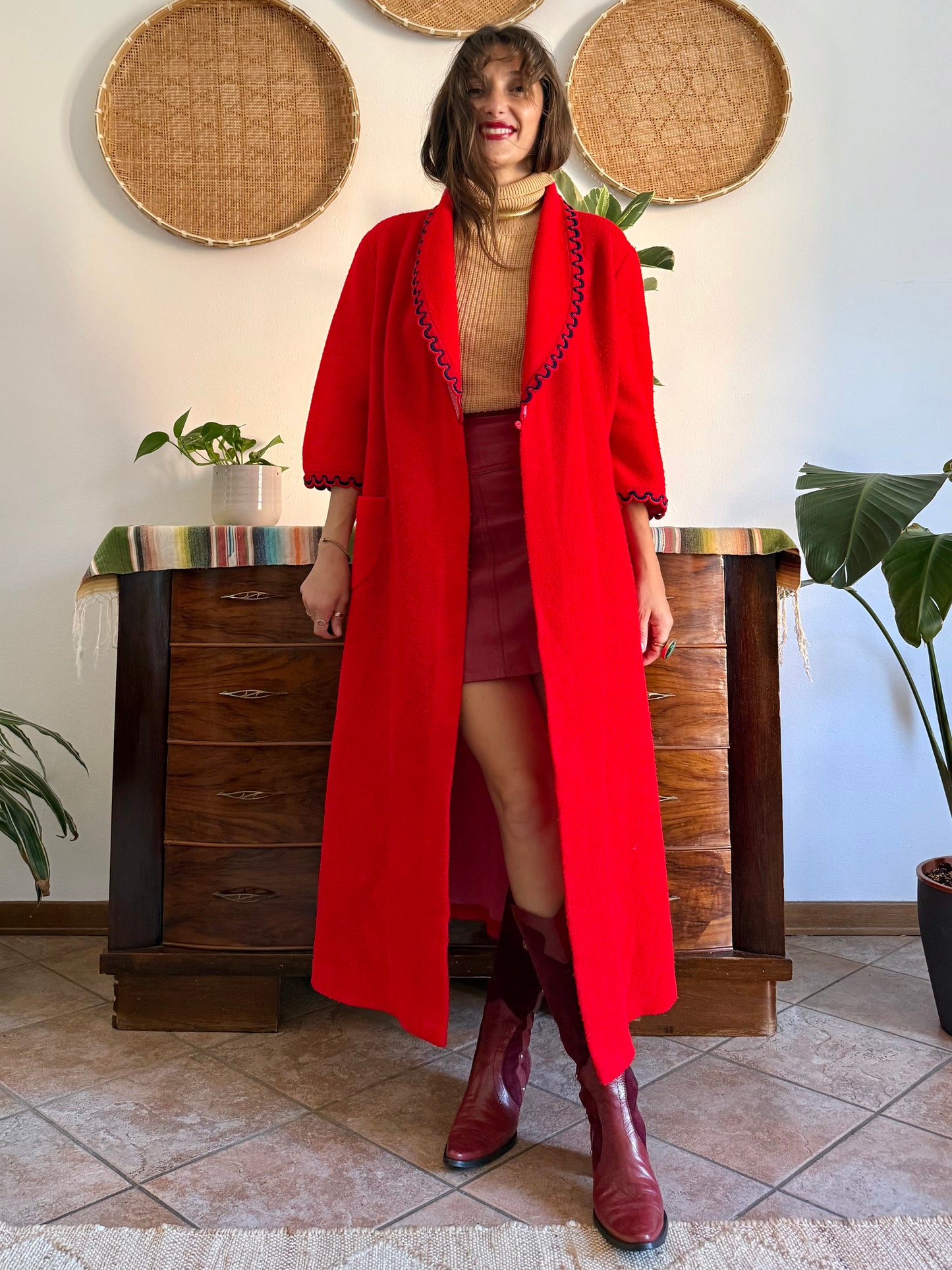 1960's vintage cherry red fleece house coat with navy scallop trimming