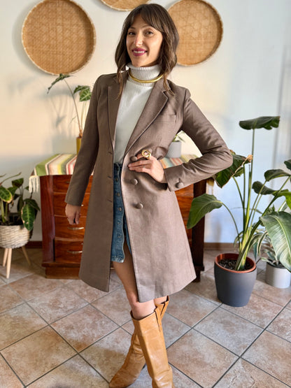 1970's vintage brown wool coat with black piping detail and paisley satin lining