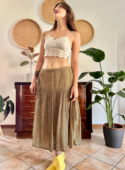 1970's vintage pale yellow and chocolate brown floral low rise midi skirt