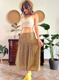 1970's vintage pale yellow and chocolate brown floral low rise midi skirt