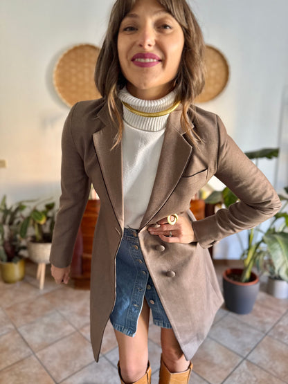 1970's vintage brown wool coat with black piping detail and paisley satin lining