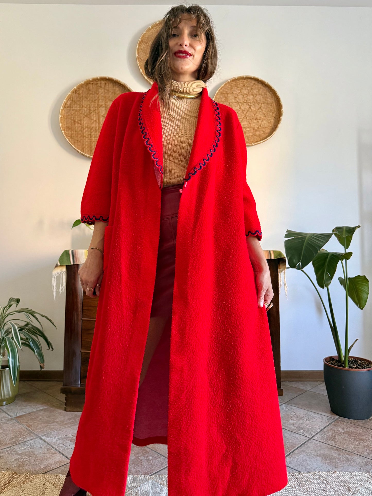 1960's vintage cherry red fleece house coat with navy scallop trimming