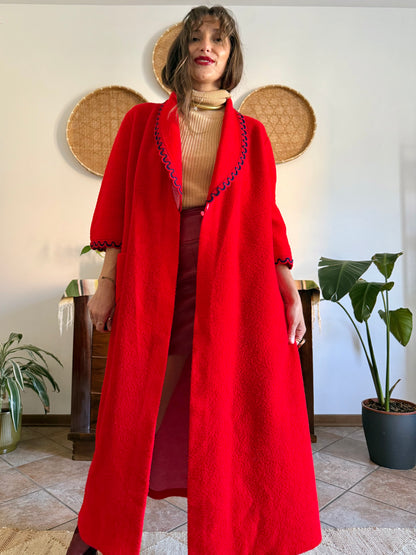 1960's vintage cherry red fleece house coat with navy scallop trimming