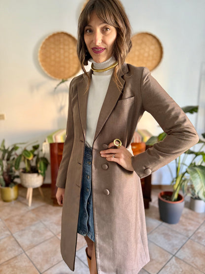 1970's vintage brown wool coat with black piping detail and paisley satin lining