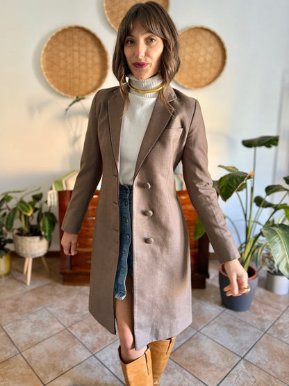 1970's vintage brown wool coat with black piping detail and paisley satin lining