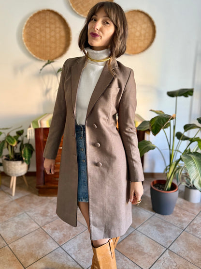 1970's vintage brown wool coat with black piping detail and paisley satin lining