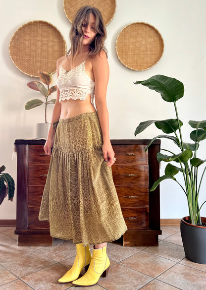 1970's vintage pale yellow and chocolate brown floral low rise midi skirt