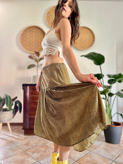 1970's vintage pale yellow and chocolate brown floral low rise midi skirt