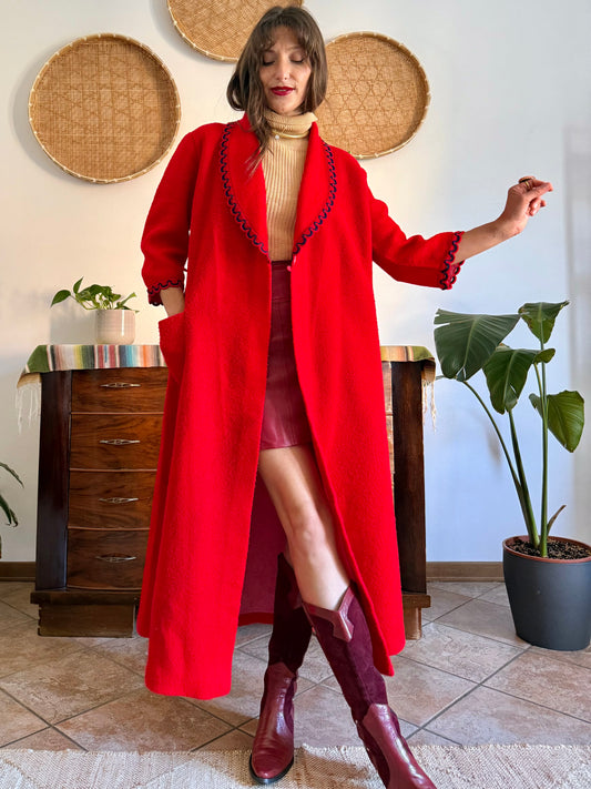 1960's vintage cherry red fleece house coat with navy scallop trimming