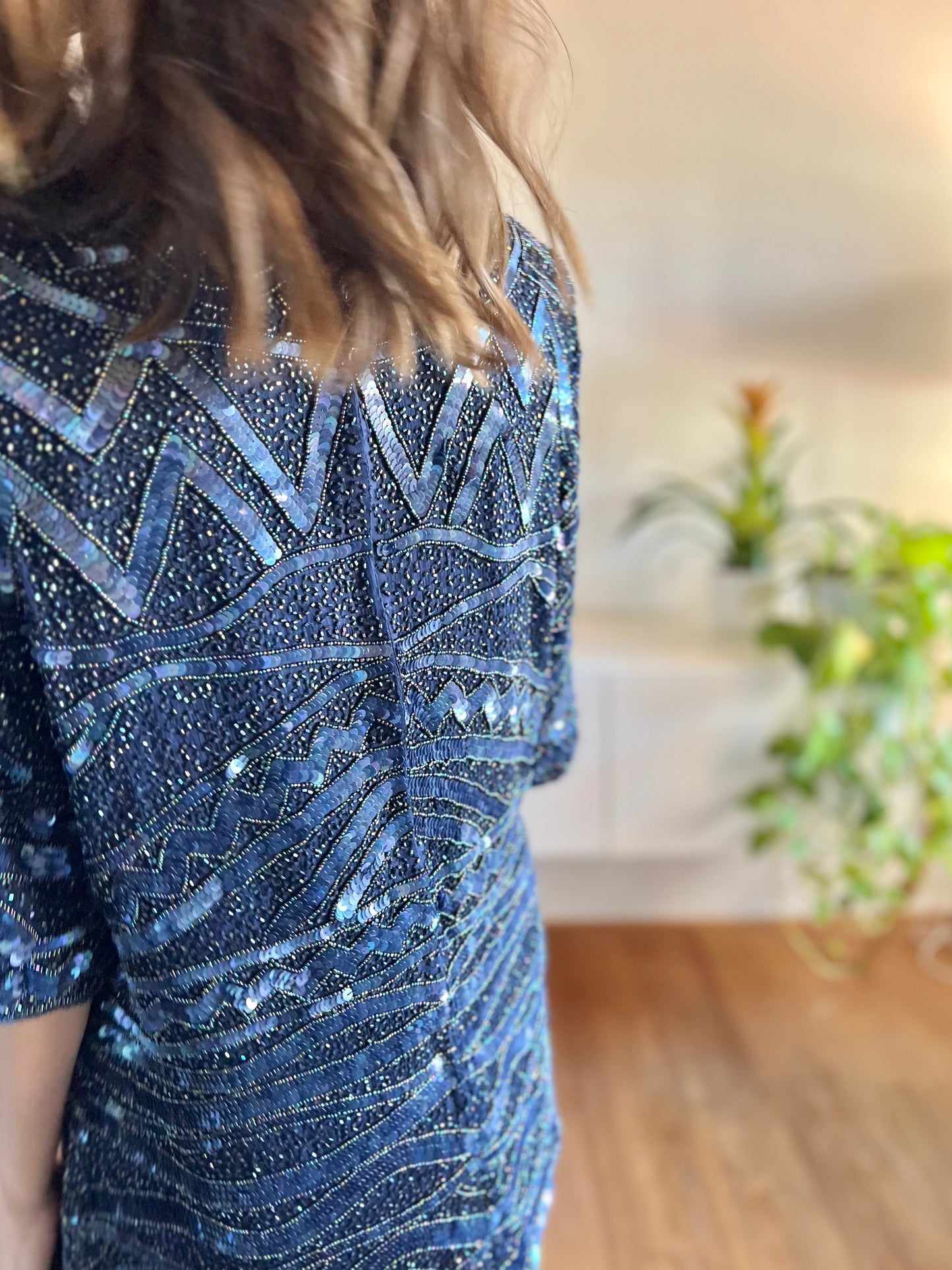 1970's vintage navy blue silk and sequin mini dress