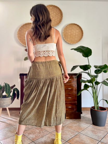 1970's vintage pale yellow and chocolate brown floral low rise midi skirt