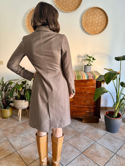 1970's vintage brown wool coat with black piping detail and paisley satin lining