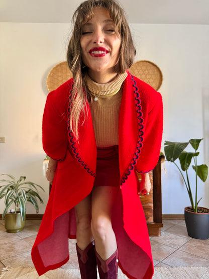 1960's vintage cherry red fleece house coat with navy scallop trimming