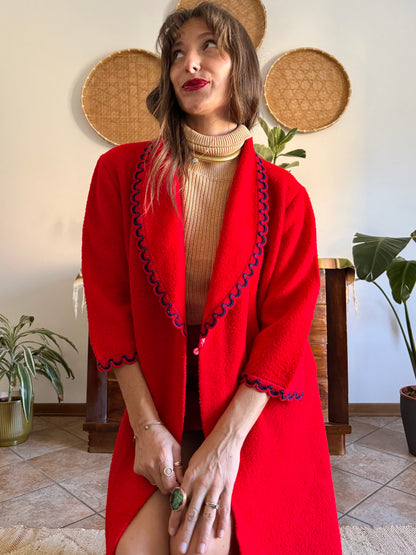 1960's vintage cherry red fleece house coat with navy scallop trimming