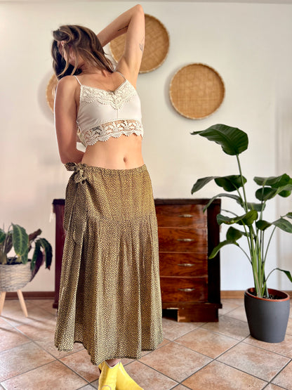 1970's vintage pale yellow and chocolate brown floral low rise midi skirt