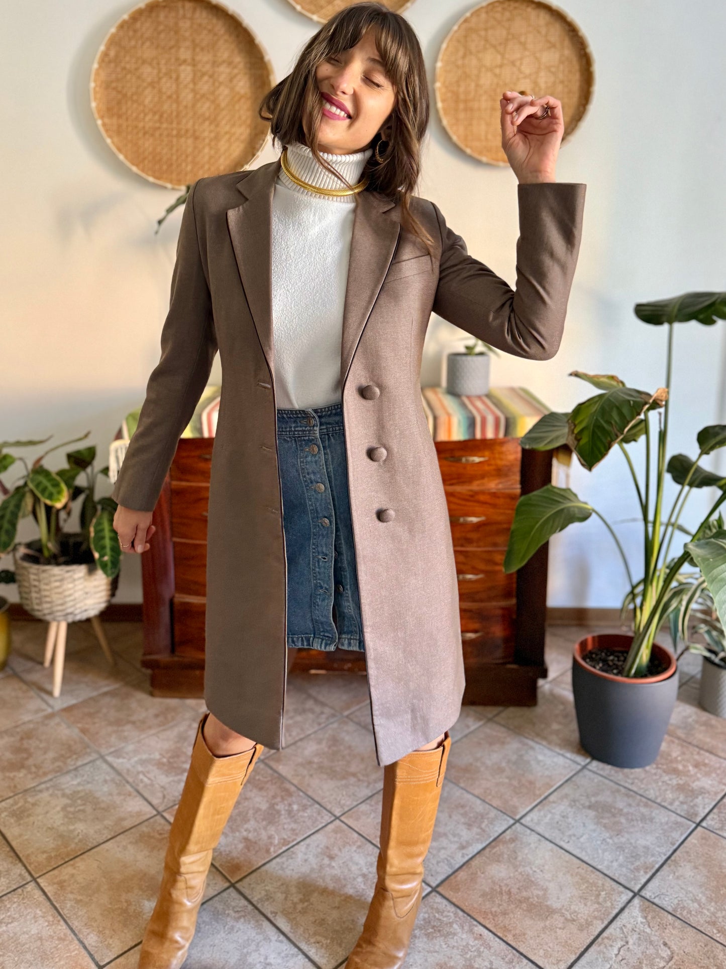 1970's vintage brown wool coat with black piping detail and paisley satin lining