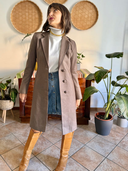 1970's vintage brown wool coat with black piping detail and paisley satin lining