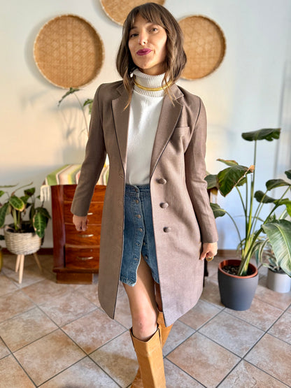 1970's vintage brown wool coat with black piping detail and paisley satin lining