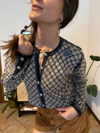 1990's vintage grey and beige alpaca knit cardigan with turquoise geometric pattern