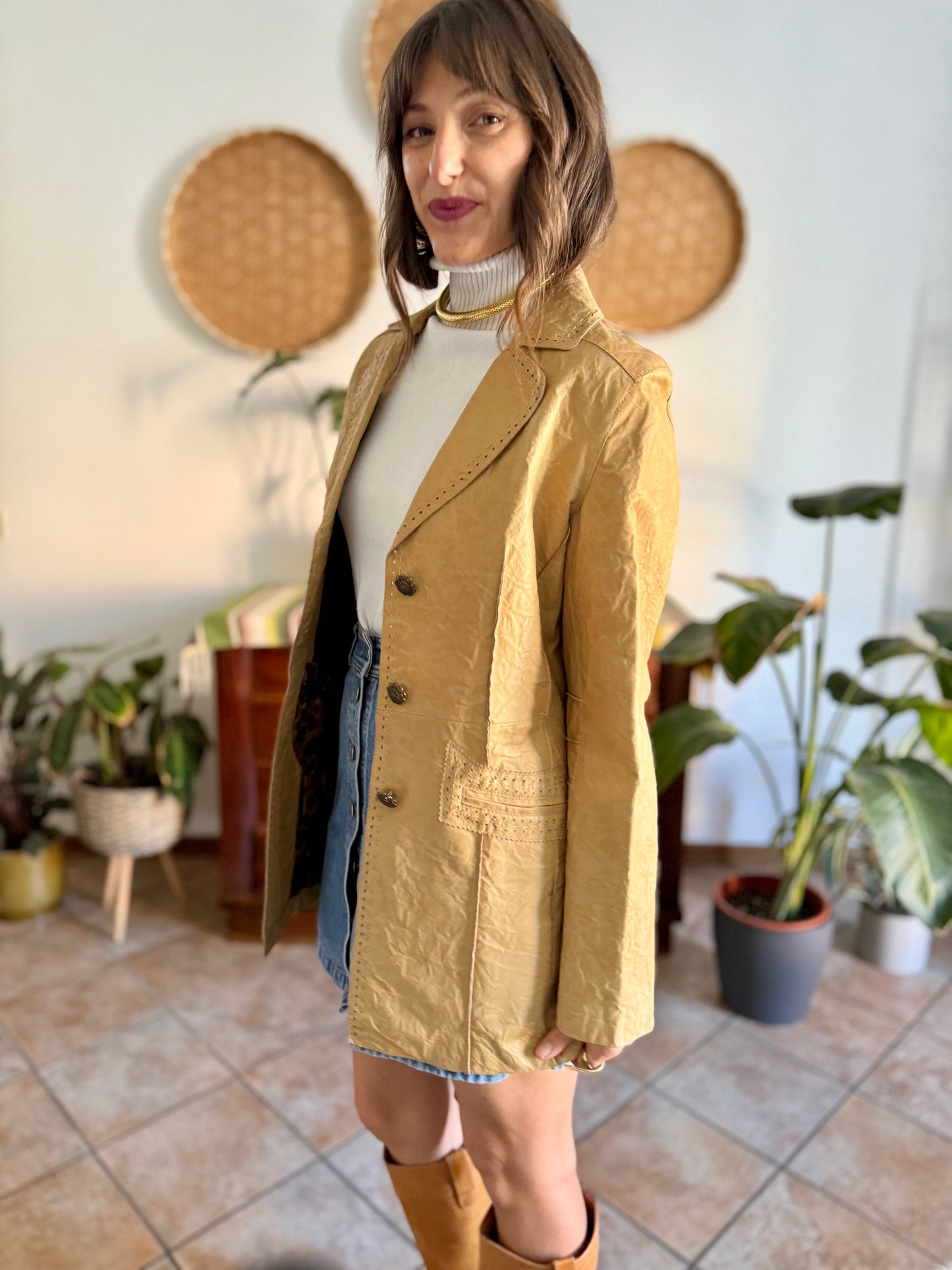 1990's vintage beige leather jacket with animal print lining