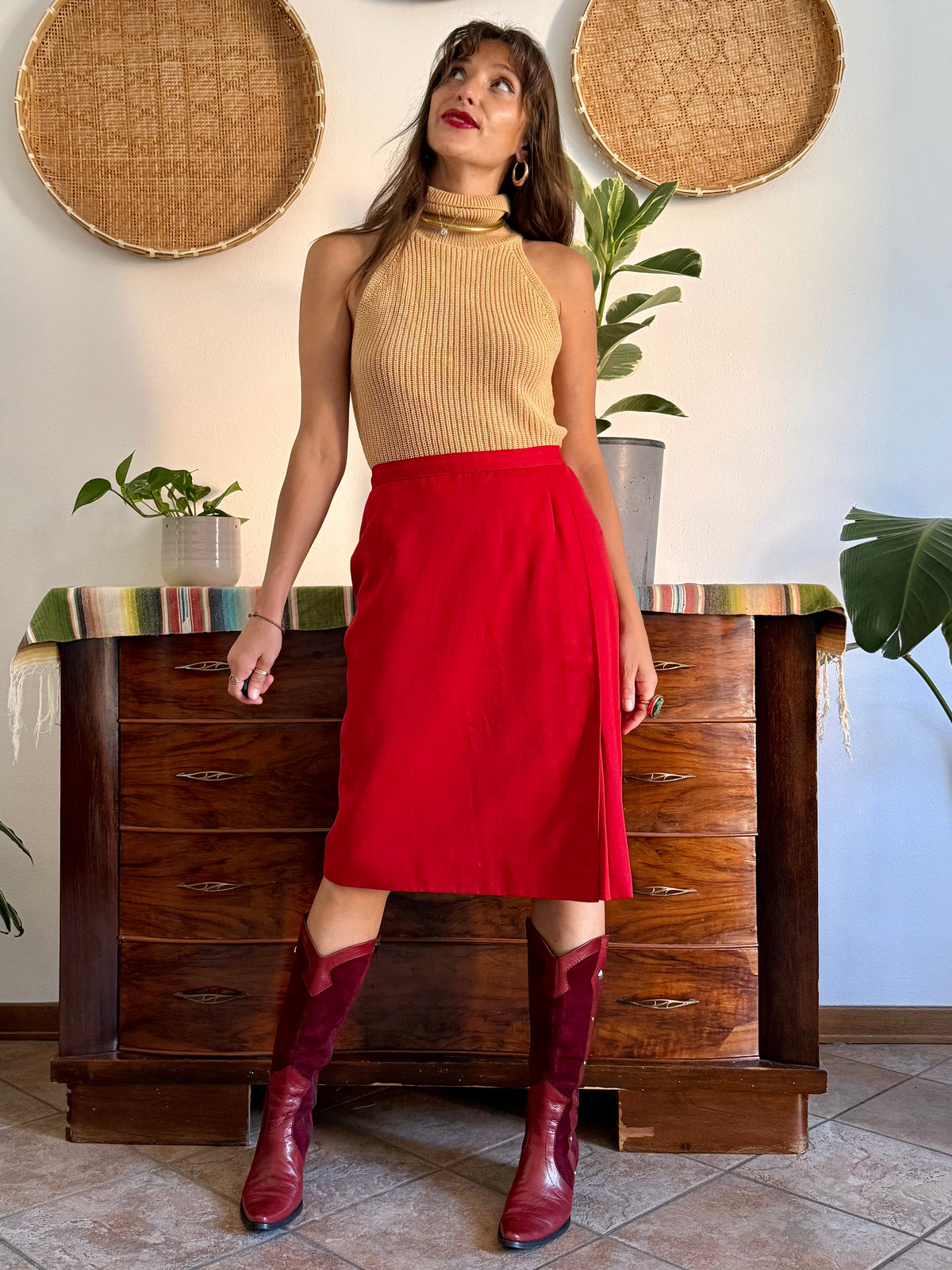 1970's vintage cherry red woven wool mini skirt