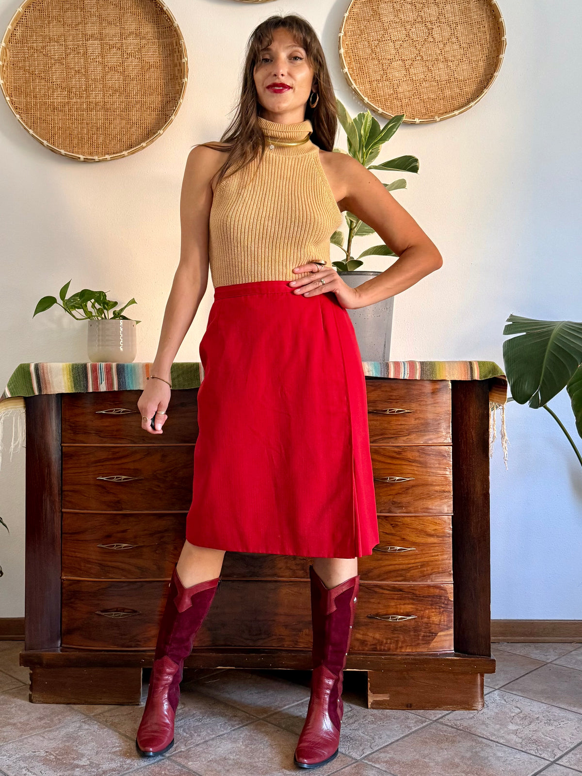 1970's vintage cherry red woven wool mini skirt