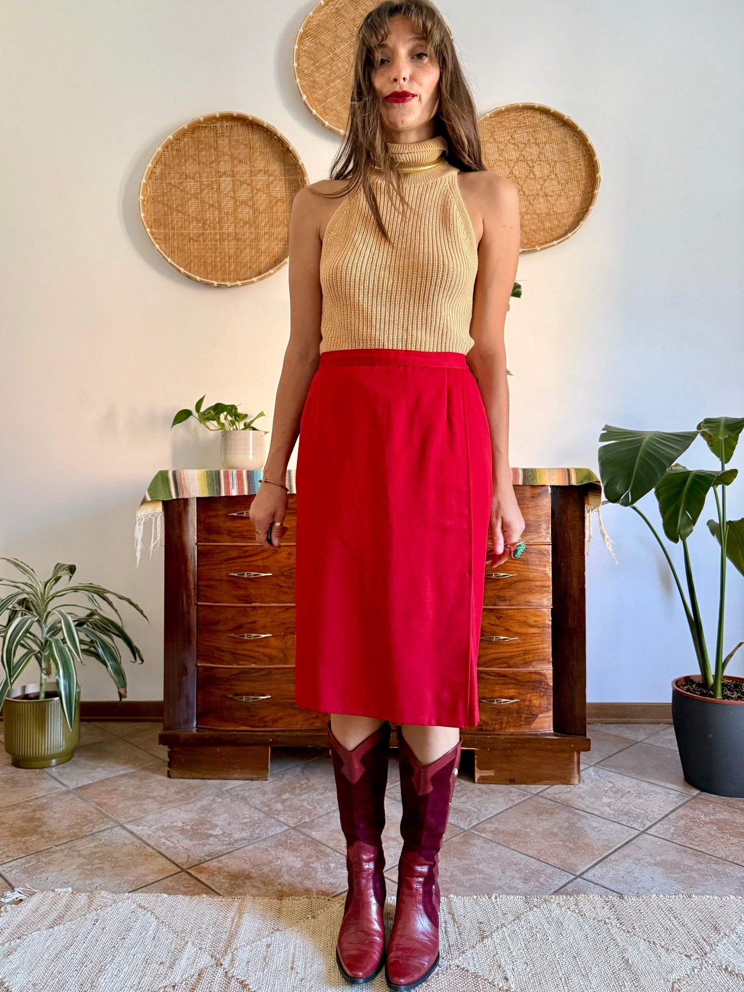 1970's vintage cherry red woven wool mini skirt
