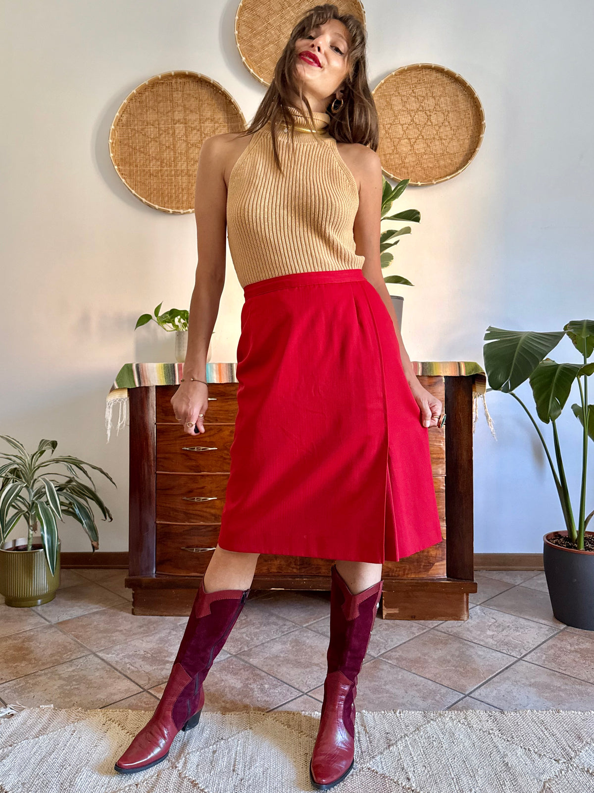 1970's vintage cherry red woven wool mini skirt