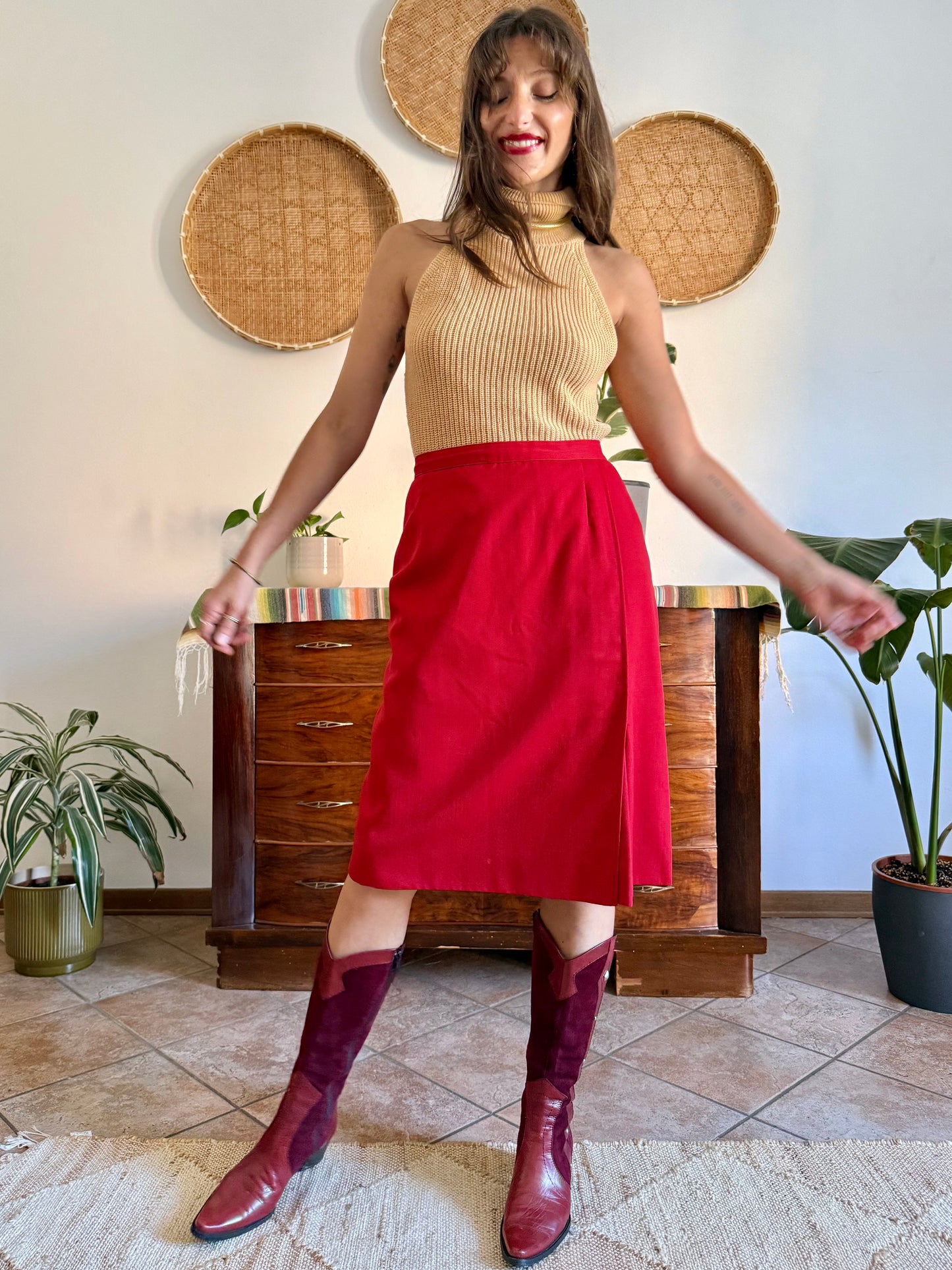 1970's vintage cherry red woven wool mini skirt