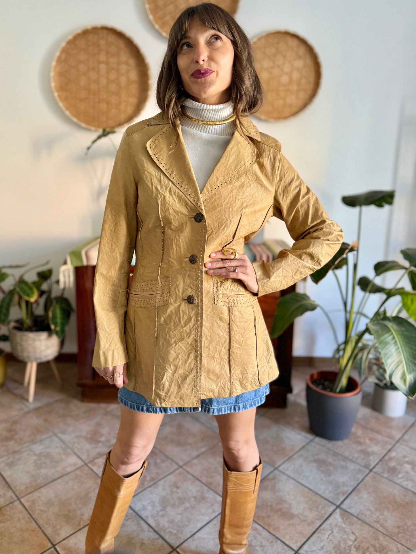 1990's vintage beige leather jacket with animal print lining