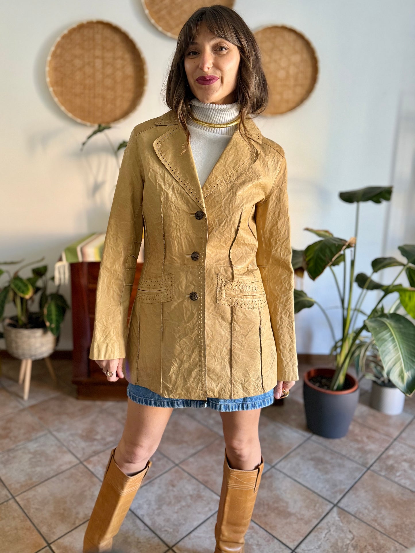 1990's vintage beige leather jacket with animal print lining