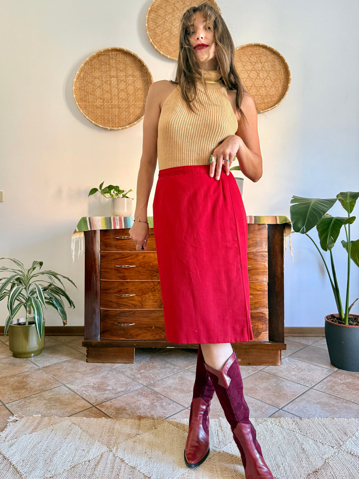 1970's vintage cherry red woven wool mini skirt