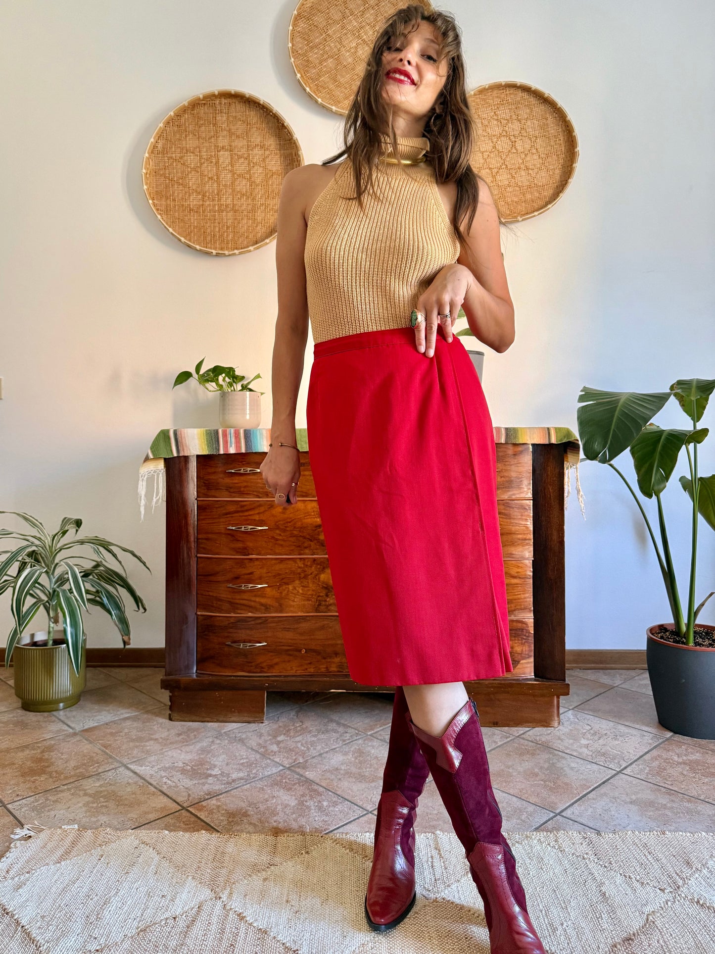 1970's vintage cherry red woven wool mini skirt