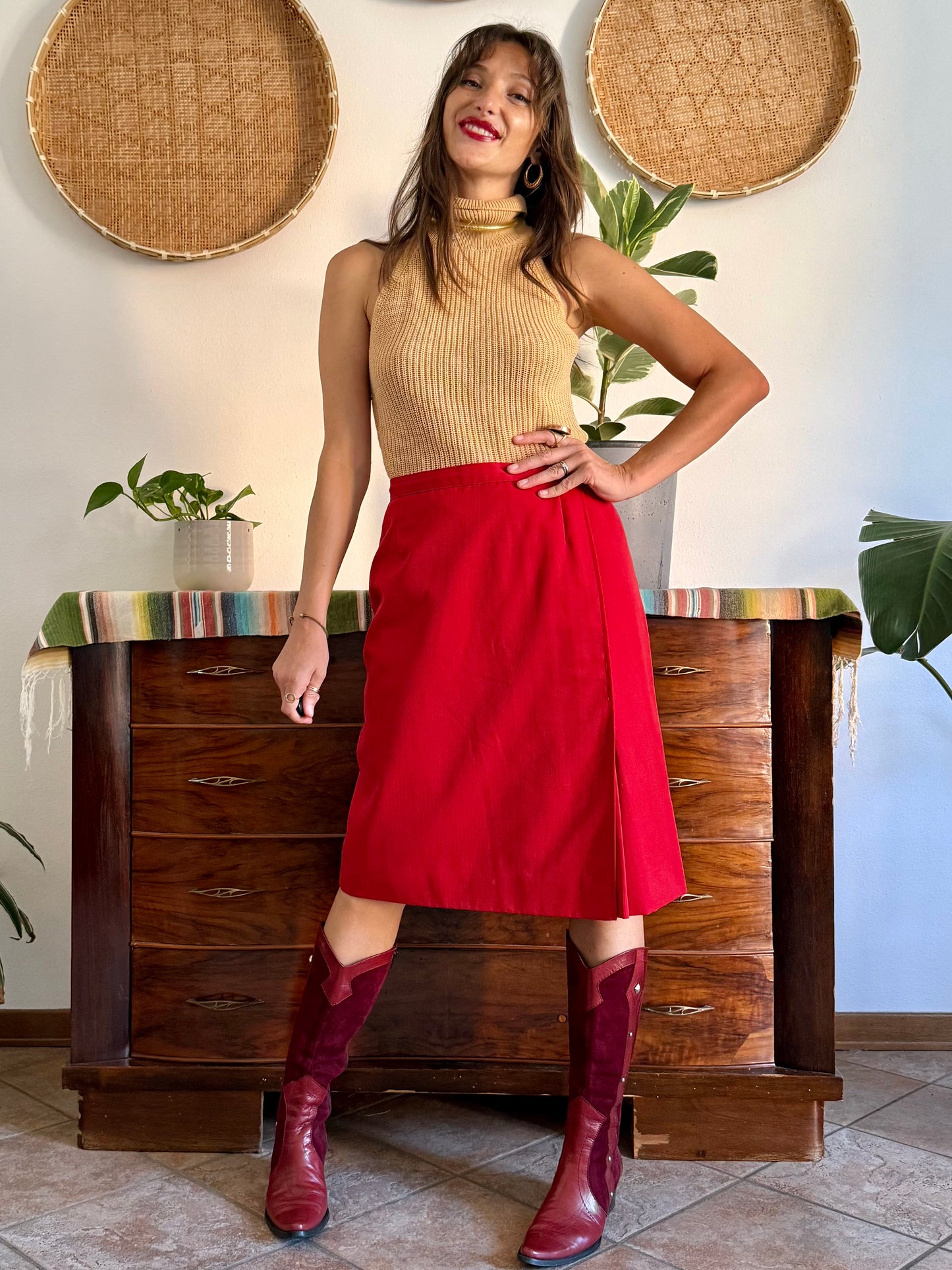 1970's vintage cherry red woven wool mini skirt