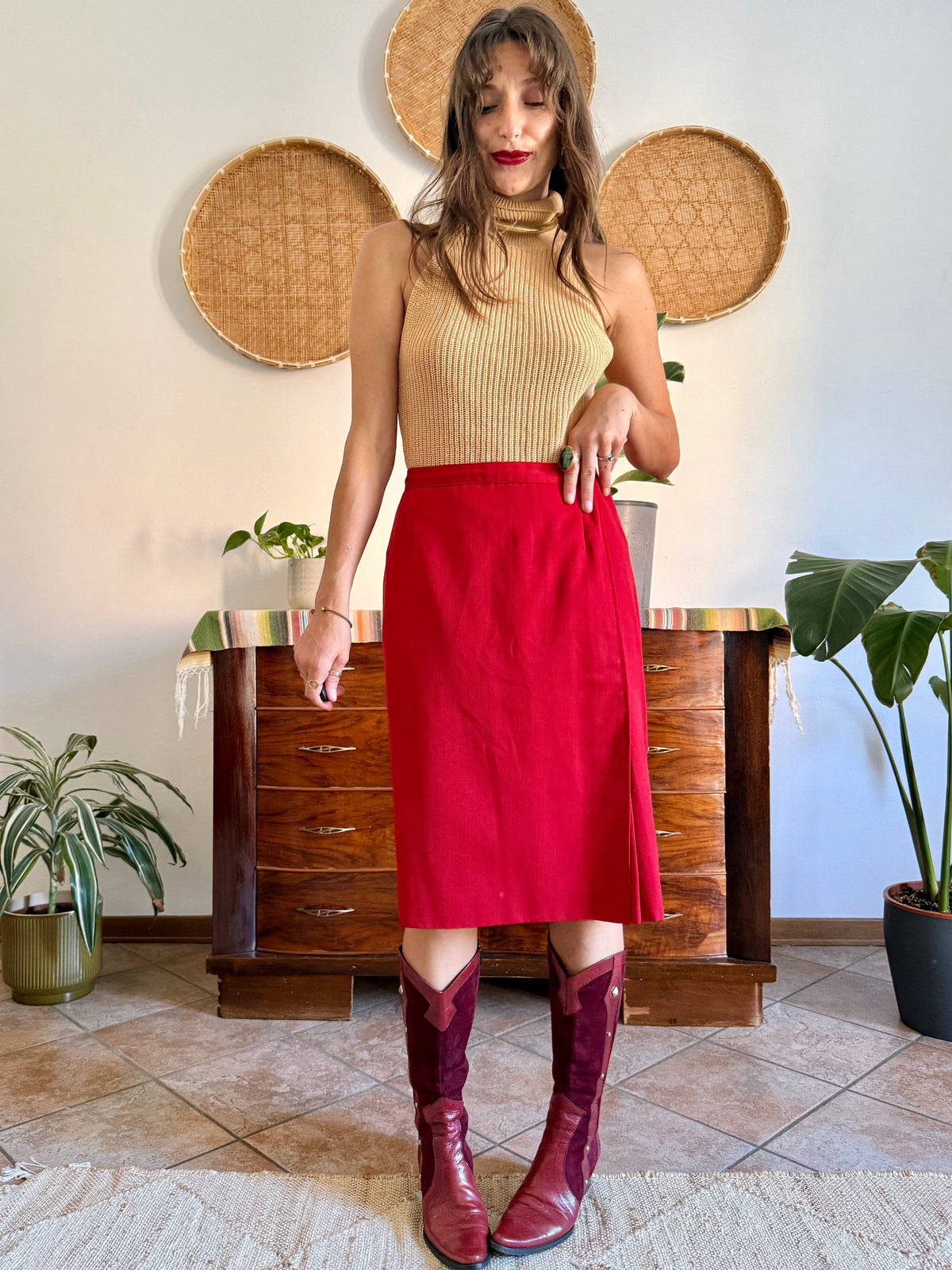 1970's vintage cherry red woven wool mini skirt