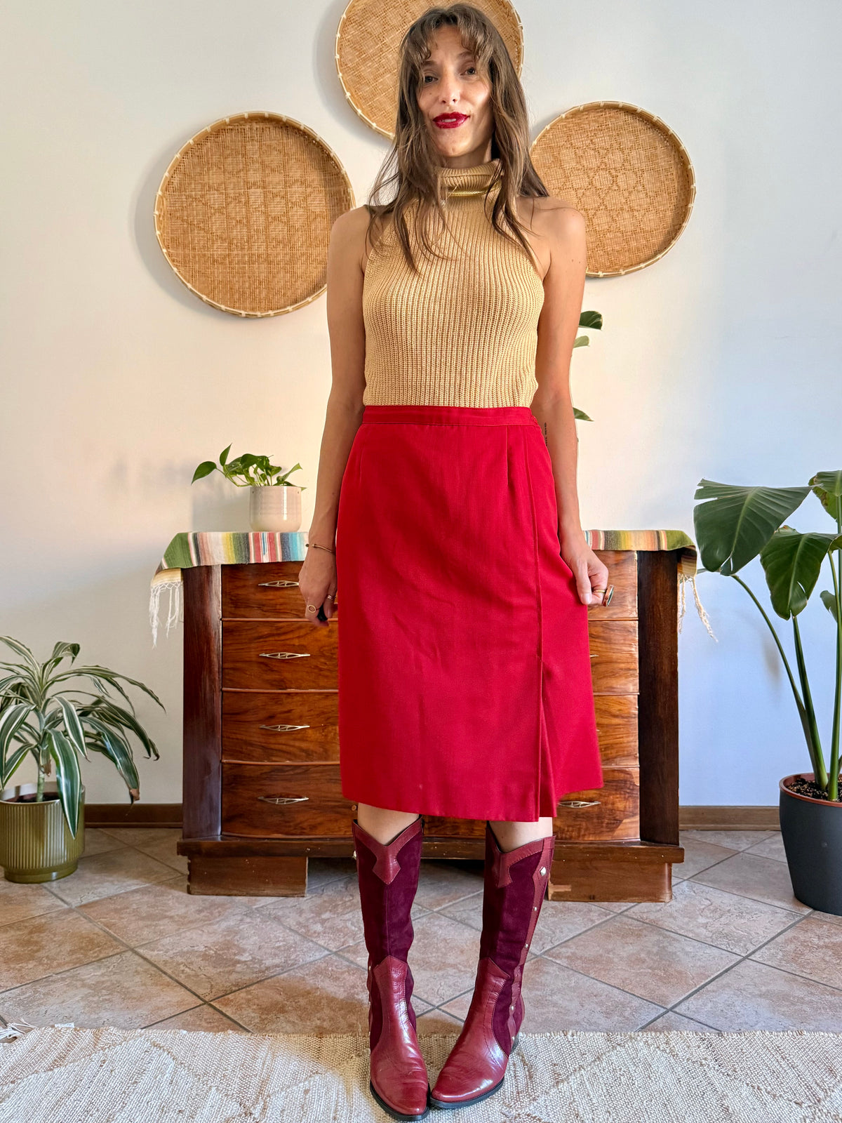 1970's vintage cherry red woven wool mini skirt