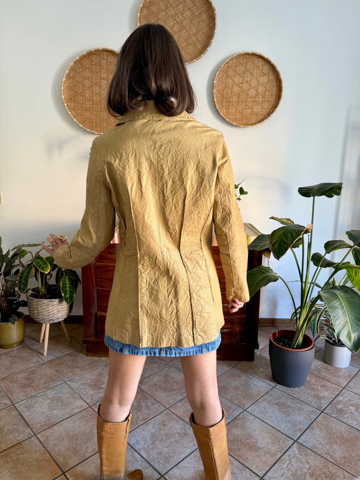 1990's vintage beige leather jacket with animal print lining