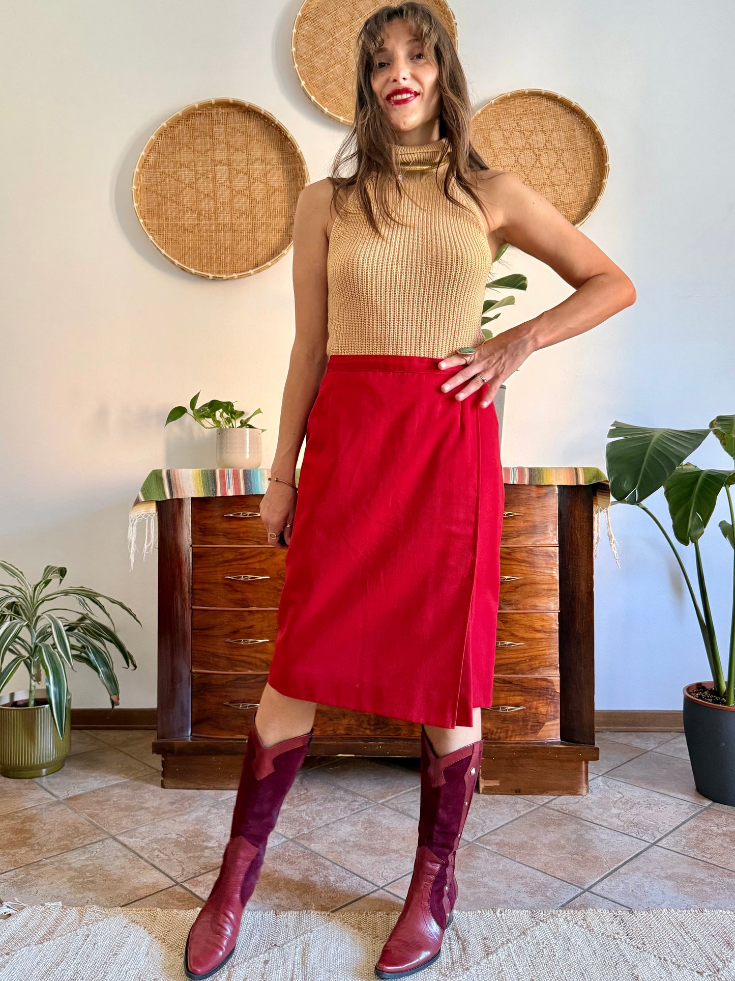 1970's vintage cherry red woven wool mini skirt