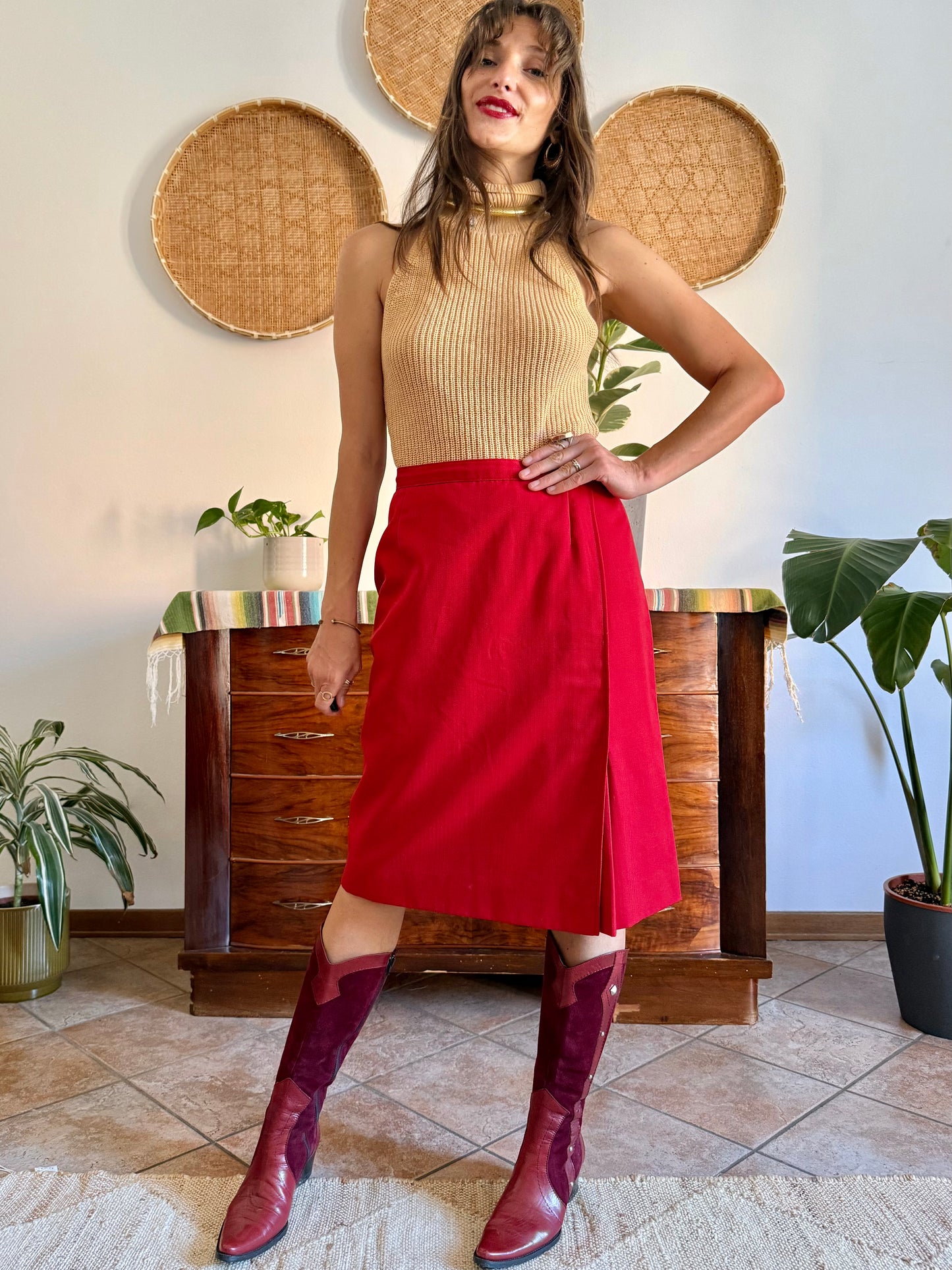 1970's vintage cherry red woven wool mini skirt