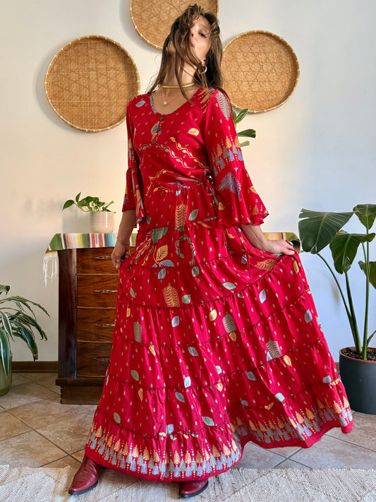 1970's vintage cherry red bell sleeve maxi dress with botanical print