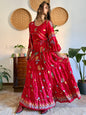 1970's vintage cherry red bell sleeve maxi dress with botanical print