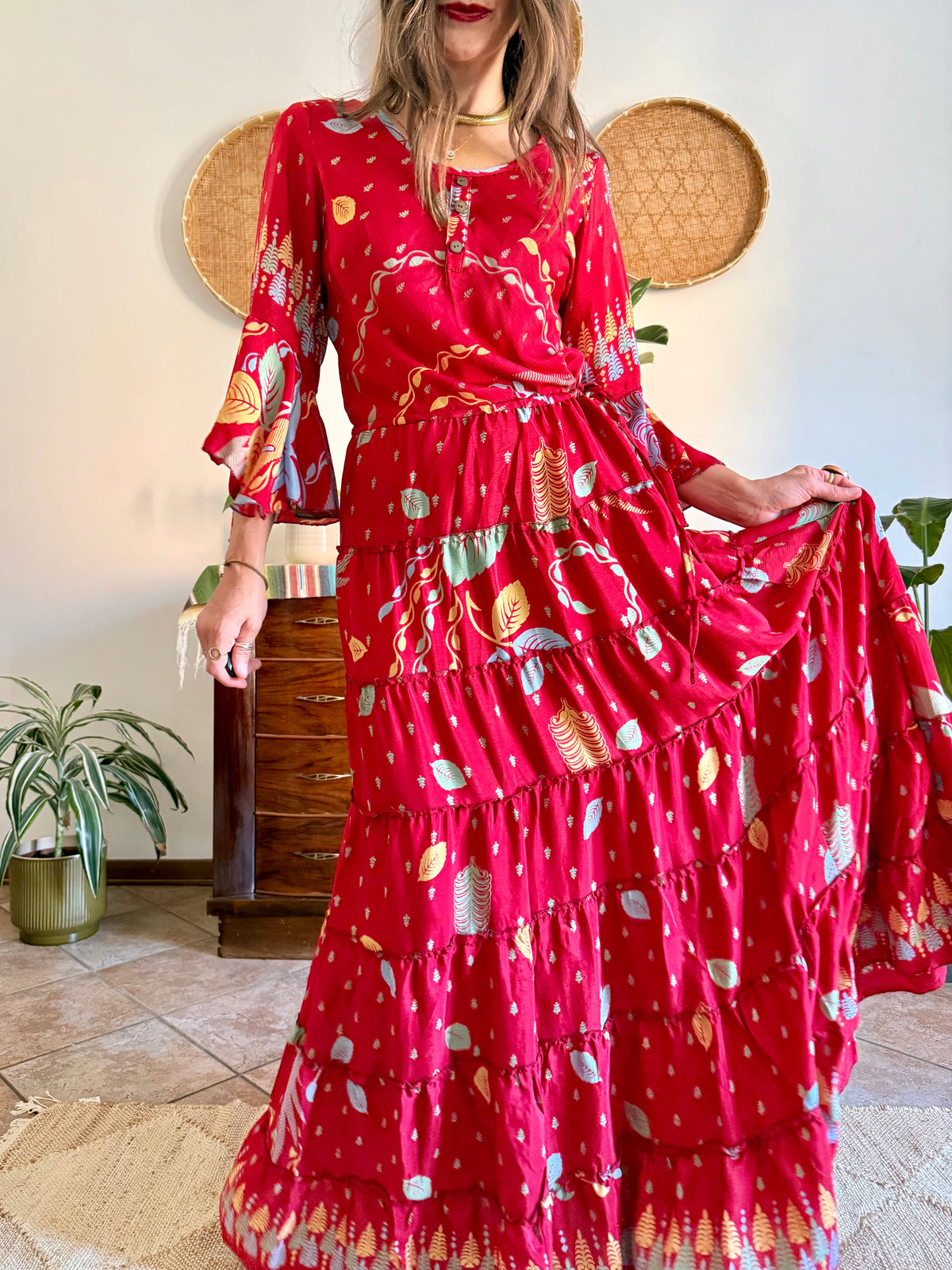 1970's vintage cherry red bell sleeve maxi dress with botanical print