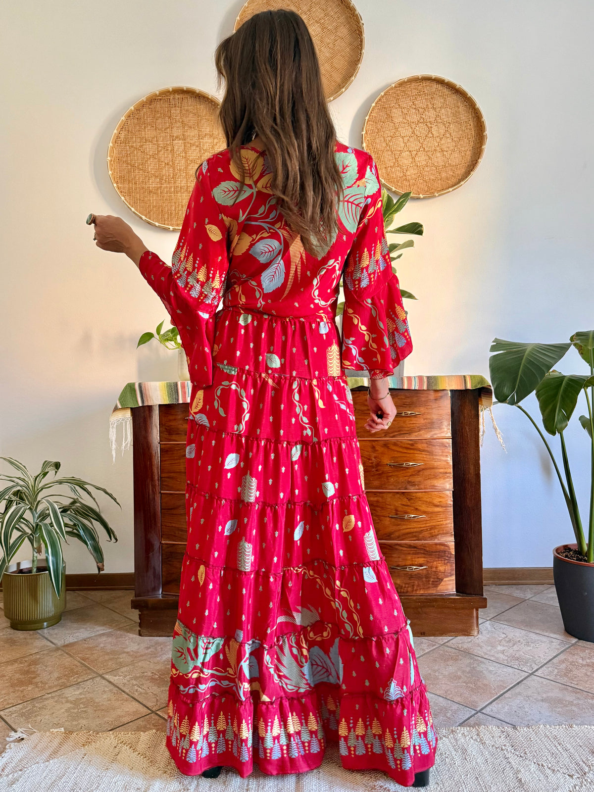1970's vintage cherry red bell sleeve maxi dress with botanical print