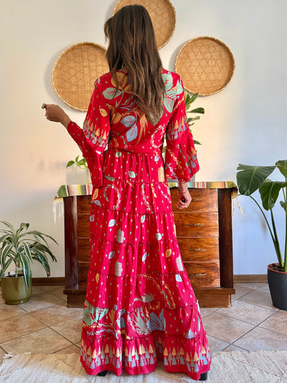 1970's vintage cherry red bell sleeve maxi dress with botanical print